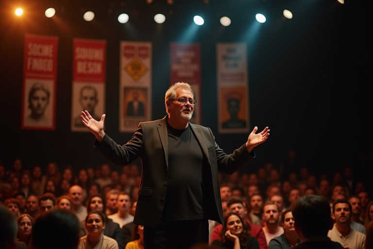 Acteur de theatre passionne en pleine performance sur scene