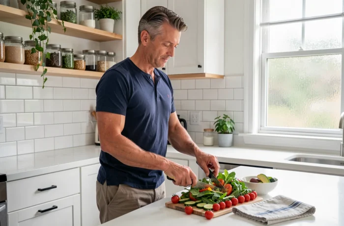 Homme préparant une salade de légumes frais dans une cuisine moderne, symbolisant une alimentation saine et équilibrée