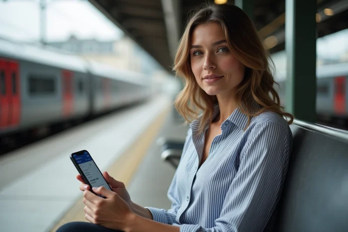Jeune femme utilisant l'application SNCF sur smartphone pour modifier le nom d'un billet de train depuis un quai de gare