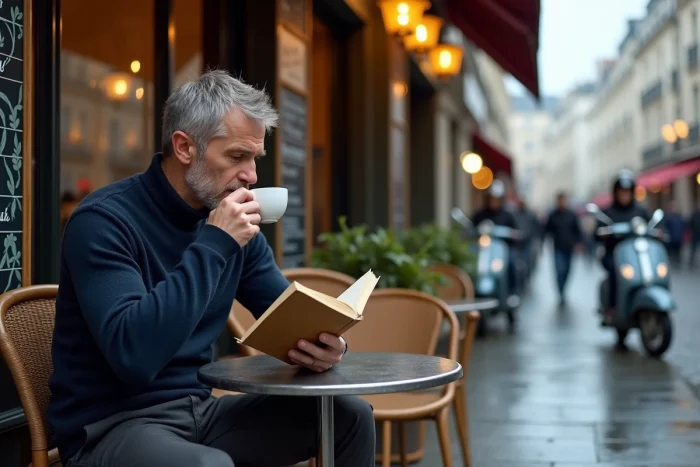 Homme dégustant un expresso en terrasse d'un café parisien typique du 11ème arrondissement avec devanture en mosaïque