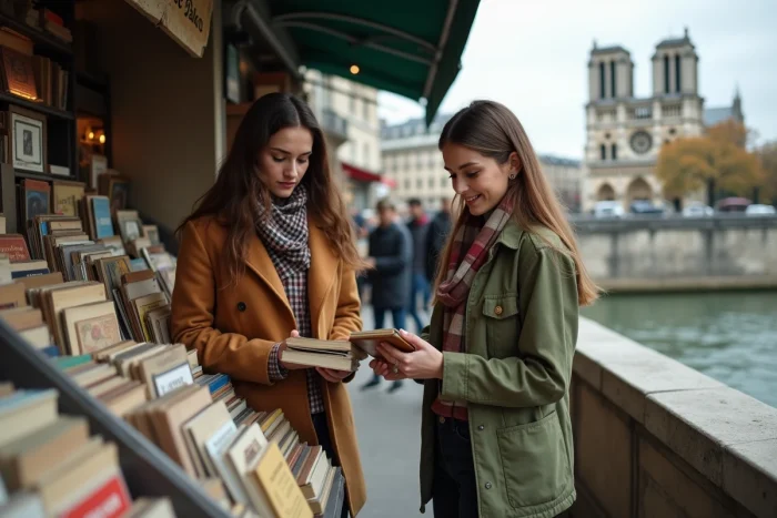 Deux femmes explorant les bouquinistes des quais de Seine à Paris avec vue sur la Seine et Notre-Dame en arrière-plan