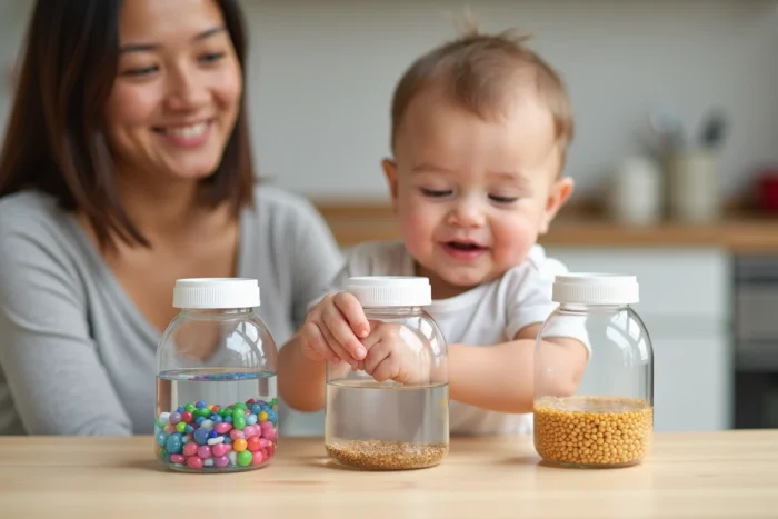 Bébé de 8 mois qui secoue une bouteille sensorielle faite maison remplie de perles colorées et d'eau