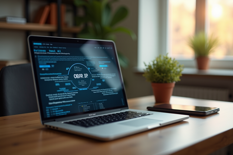Bureau moderne avec ordinateur affichant un diagramme d'IP locale