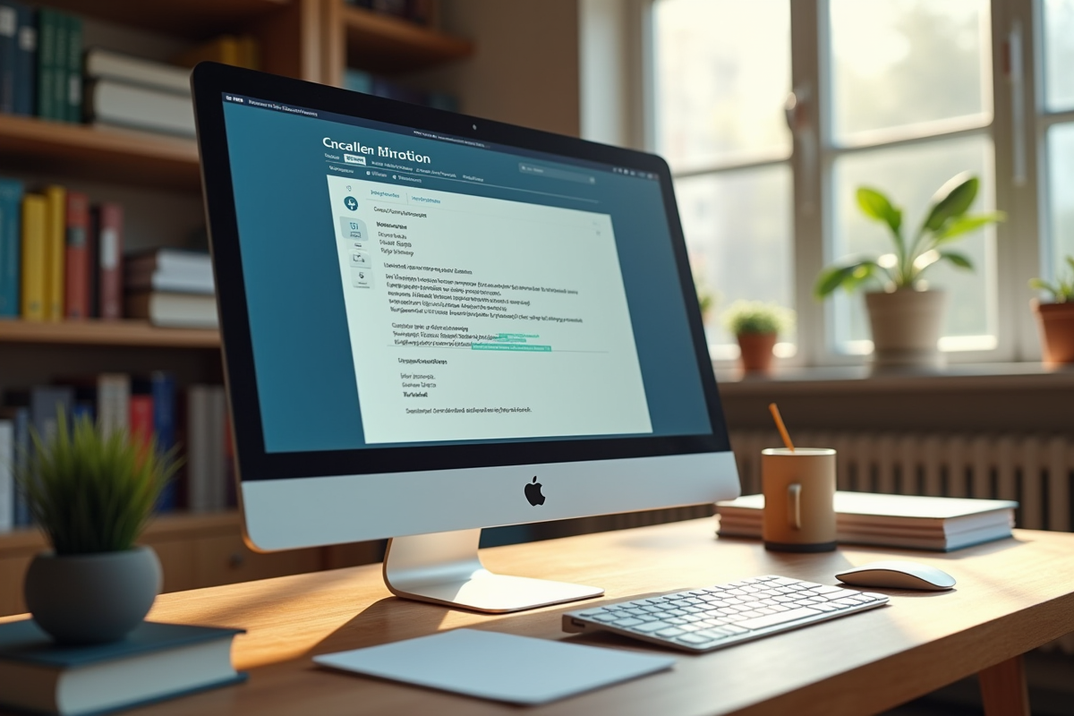 Bureau avec ordinateur affichant un email de correspondance