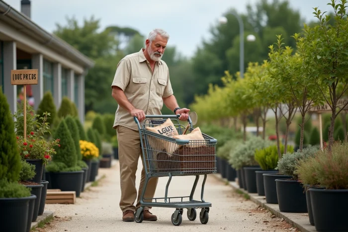 Client chargeant des sacs de terreau et des outils dans un chariot dans la zone extérieure de la jardinerie Planète Garden à Marennes