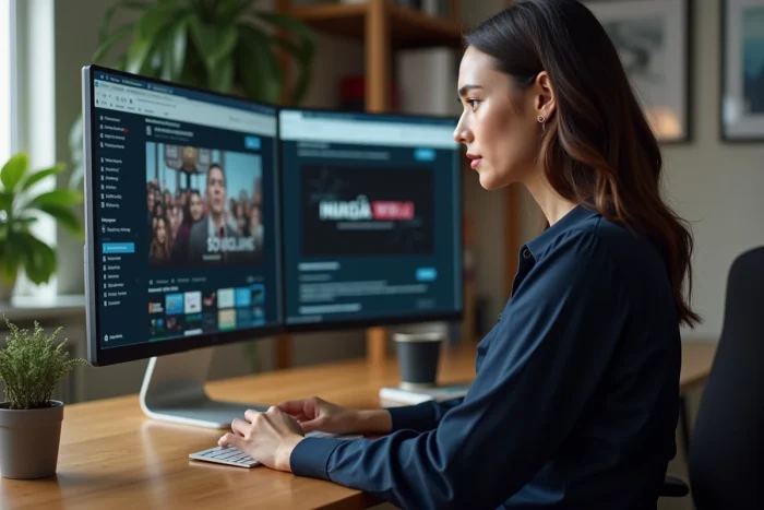 Femme comparant une plateforme de streaming légale et un site non officiel sur un ordinateur de bureau à domicile