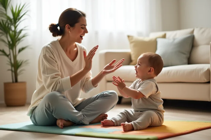 Maman chantant une comptine avec gestes répétitifs face à son bébé de 8 mois assis sur un tapis de jeu