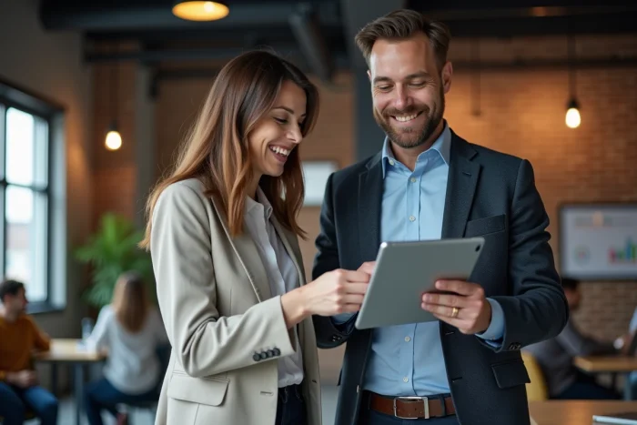 Deux collègues consultant une interface de connexion à un logiciel de gestion sur tablette dans un espace de coworking moderne
