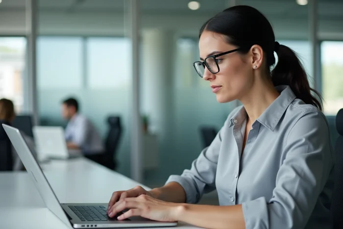 Femme professionnelle connectée à une interface logicielle de gestion sur ordinateur portable en open space