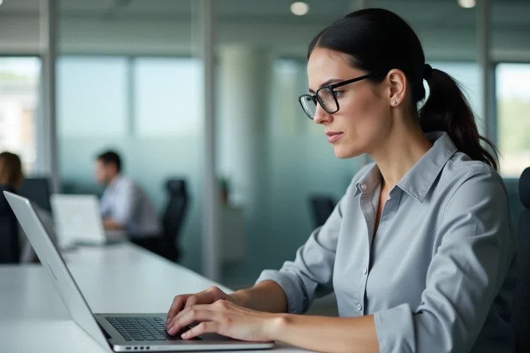Femme professionnelle connectée à une interface logicielle de gestion sur ordinateur portable en open space