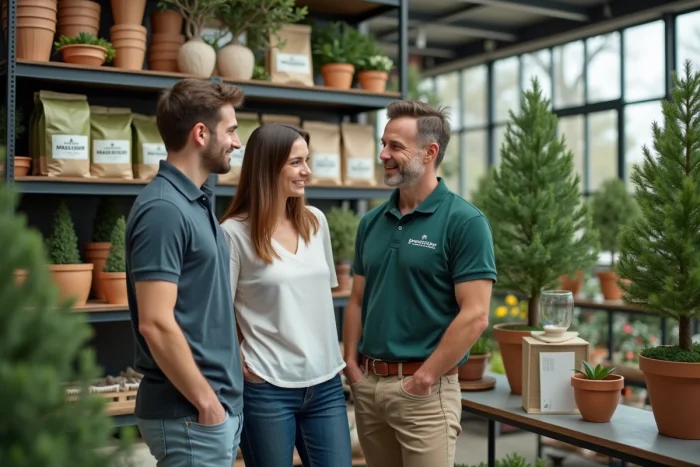Couple recevant les conseils d'une conseillère en jardinerie devant un rayon d'arbres ornementaux chez Planète Garden à Marennes