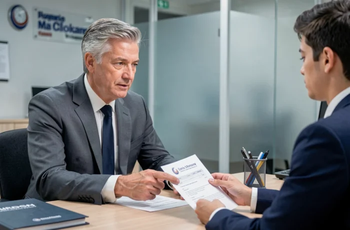 Conseiller financier expliquant les options de crédit à un client dans une agence bancaire