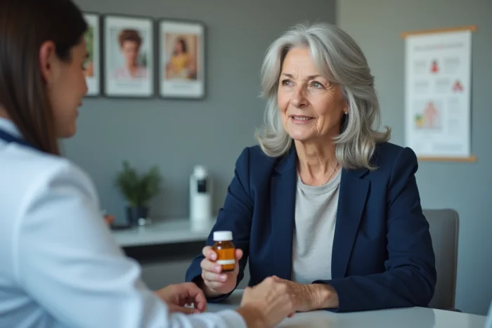 Femme discutant des effets secondaires du complément capillaire avec un professionnel de santé