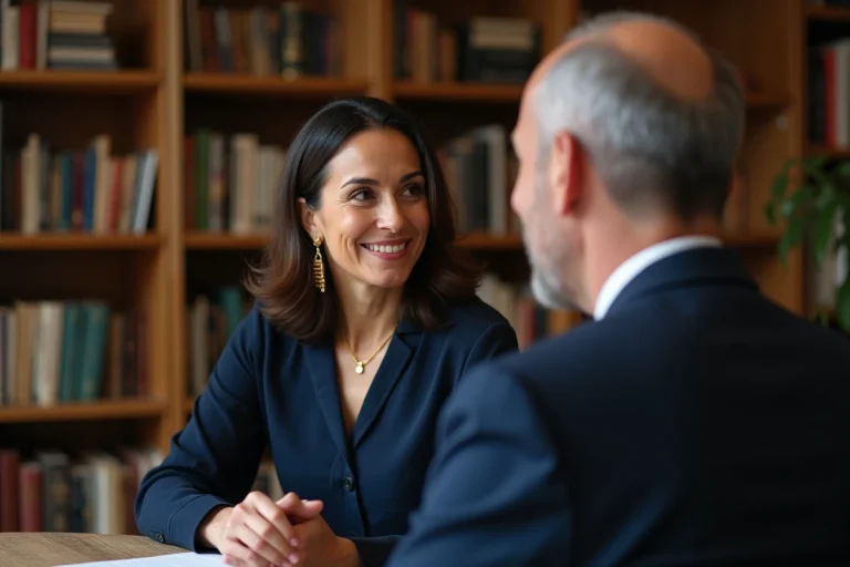 Femme élégante discutant avec Éric Emmanuel Schmitt dans une bibliothèque chaleureuse