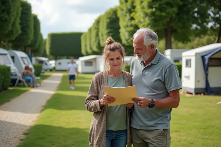 Couple de campeurs regardant une brochure dans un camping