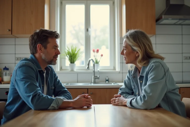 Couple français dans la cuisine en réflexion
