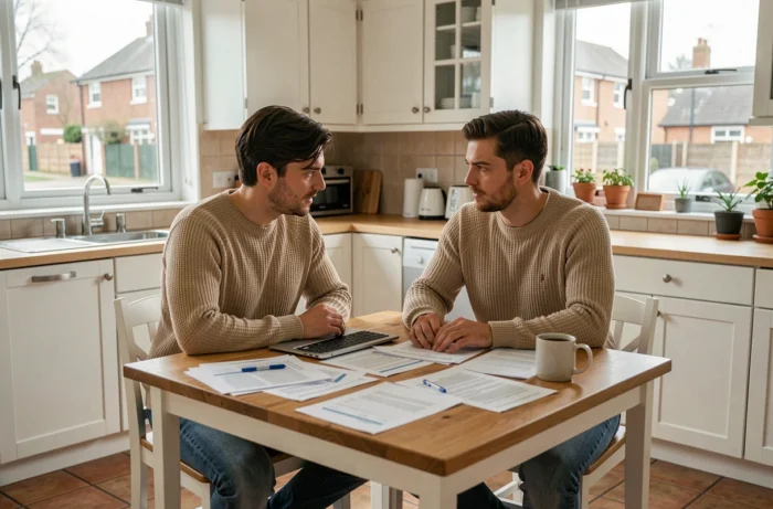 Couple étudiant ensemble les conditions de la prime d'installation 2024 autour d'une table de cuisine avec des formulaires administratifs