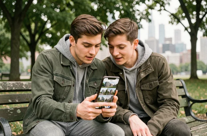 Couple cherchant un appartement ensemble sur un smartphone via une application d'annonces immobilières en plein air