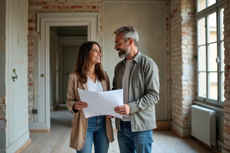 Couple rénovant un appartement parisien avec plans