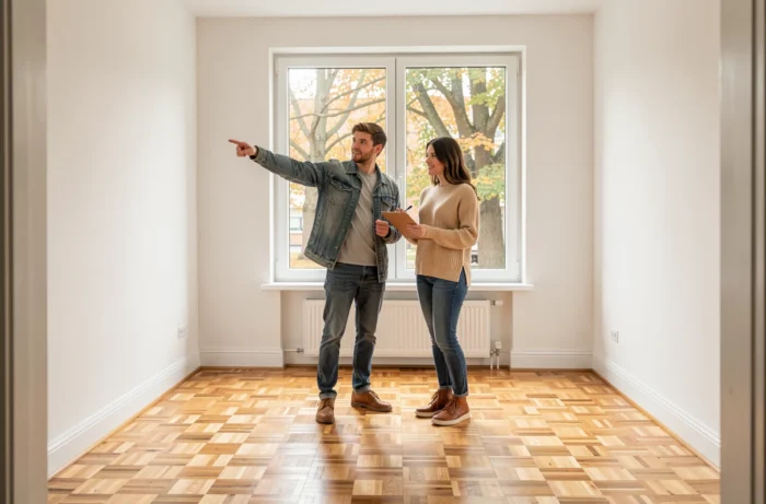 Couple visitant un appartement vide lors d'une visite locative avec prise de notes