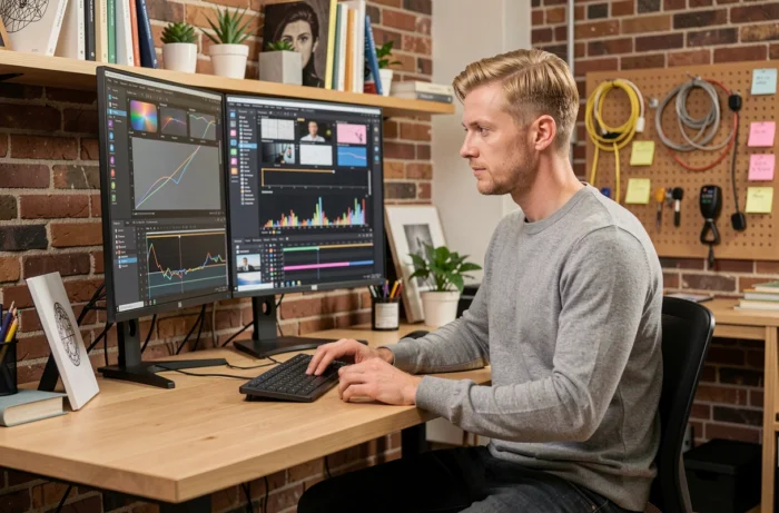 Designer en train de créer des animations de motion design pour une présentation d'entreprise sur deux écrans dans un studio créatif