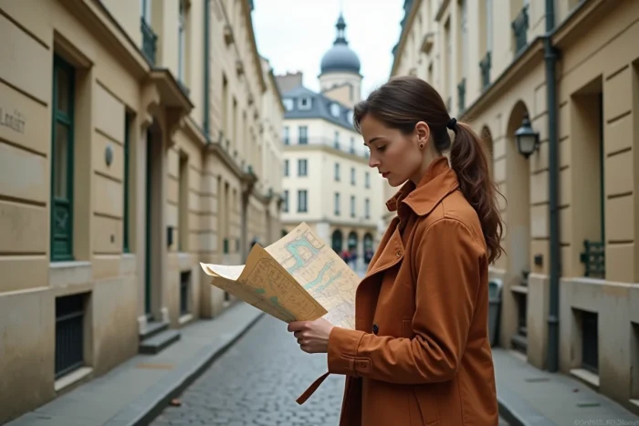 Femme explorant une ruelle pavée de Montmartre avec une carte en papier, façades haussmanniennes et Sacré-Cœur en arrière-plan