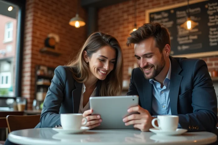 Deux jeunes professionnels consultant une plateforme spécialisée d'offres d'emploi sur une tablette dans un café