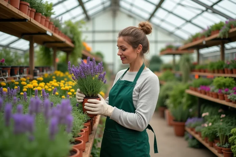 Employée de jardinerie examinant une plante de lavande en pot dans un rayon de la jardinerie Planète Garden à Marennes