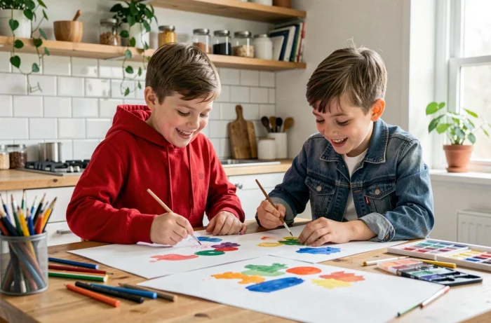 Deux enfants faisant de la peinture aquarelle ensemble dans la cuisine familiale, activité créative pour l'épanouissement des enfants