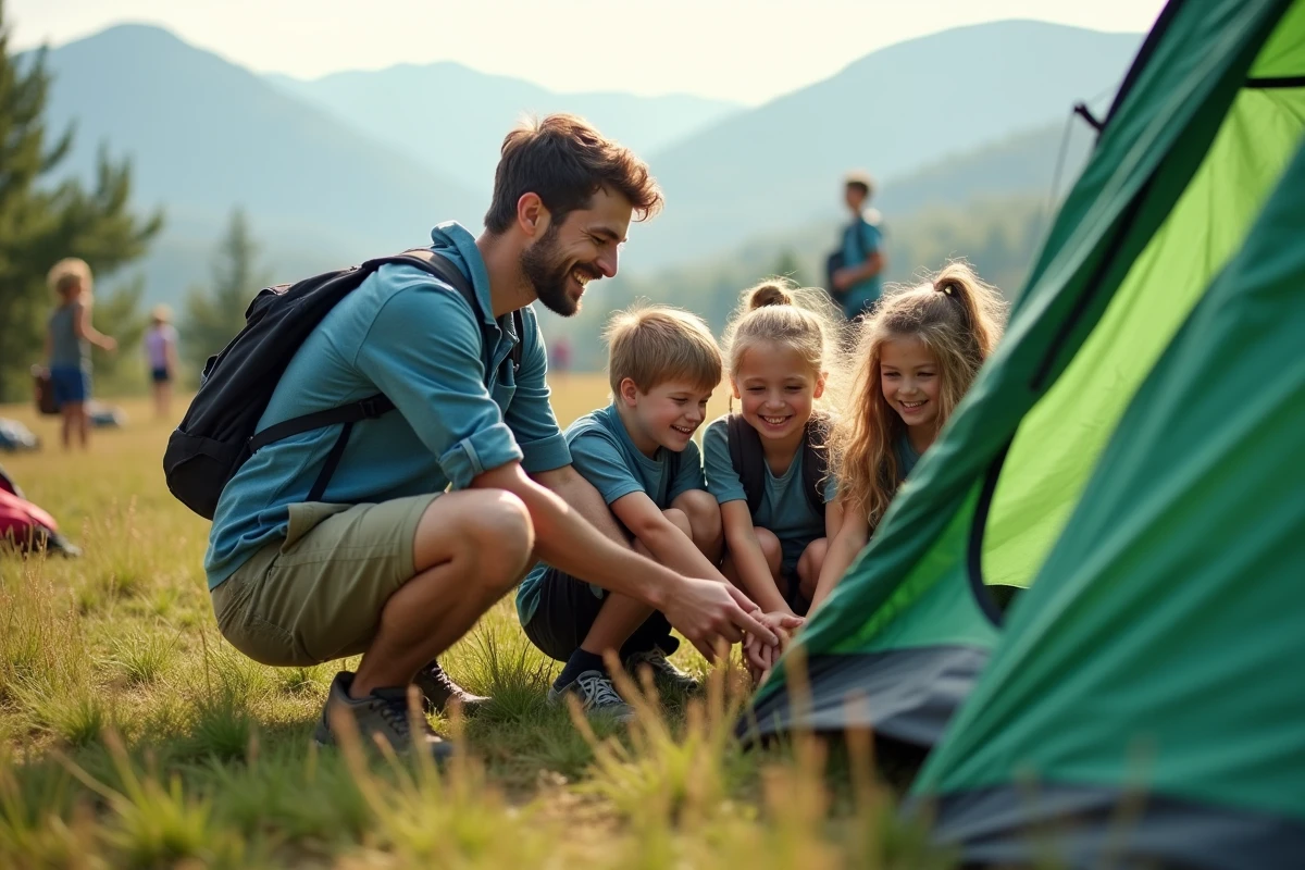 Professeur aidant enfants à monter une tente en camping