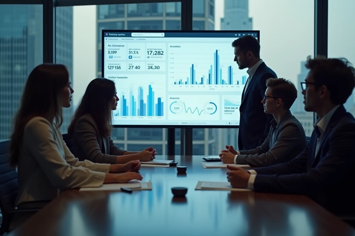 Equipe diverse analysant des données SEO et IA