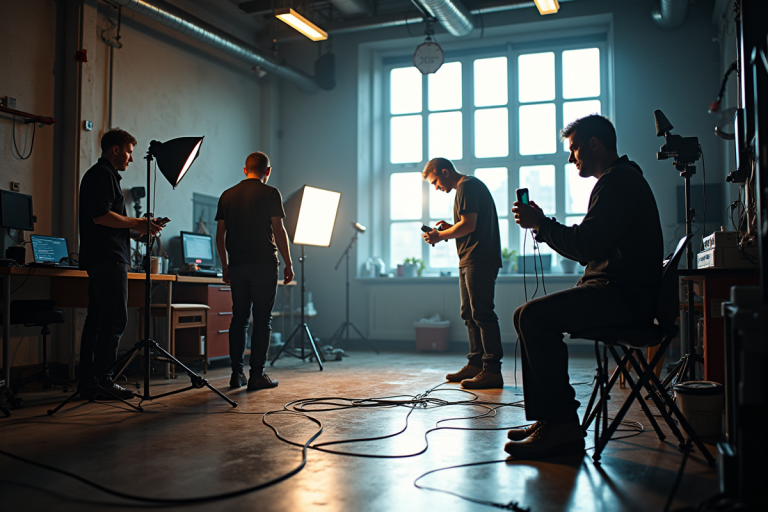 Équipe de tournage en action avec techniciens et éclairages