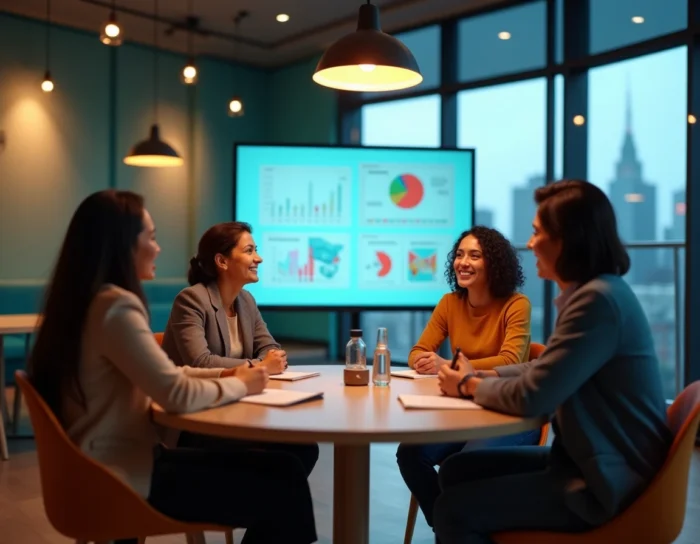 Équipe de professionnels réagissant positivement à une présentation d'entreprise animée en motion design dans un espace de coworking moderne