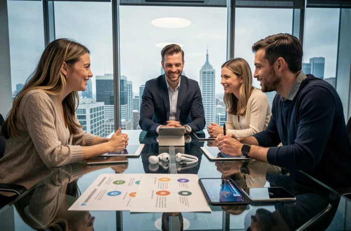 Équipe de professionnels collaborant autour d'outils technologiques innovants lors d'une réunion en salle de conférence