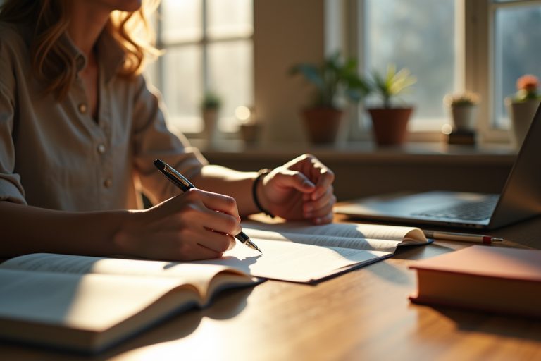 Étudiant écrivant une lettre dans un bureau lumineux