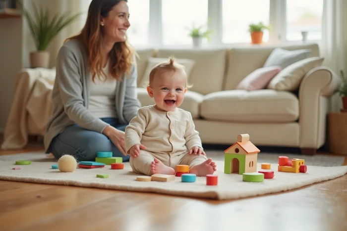 Bébé de 8 mois assis sur un tapis de jeu entouré d'objets colorés et d'une maman attentive dans un salon chaleureux