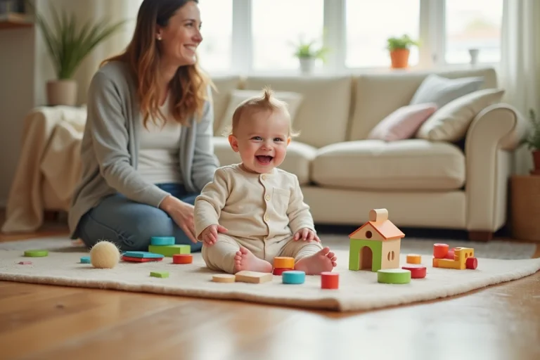Bébé de 8 mois assis sur un tapis de jeu entouré d'objets colorés et d'une maman attentive dans un salon chaleureux