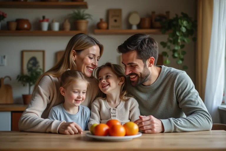 Femme et famille souriants à la maison chaleureuse