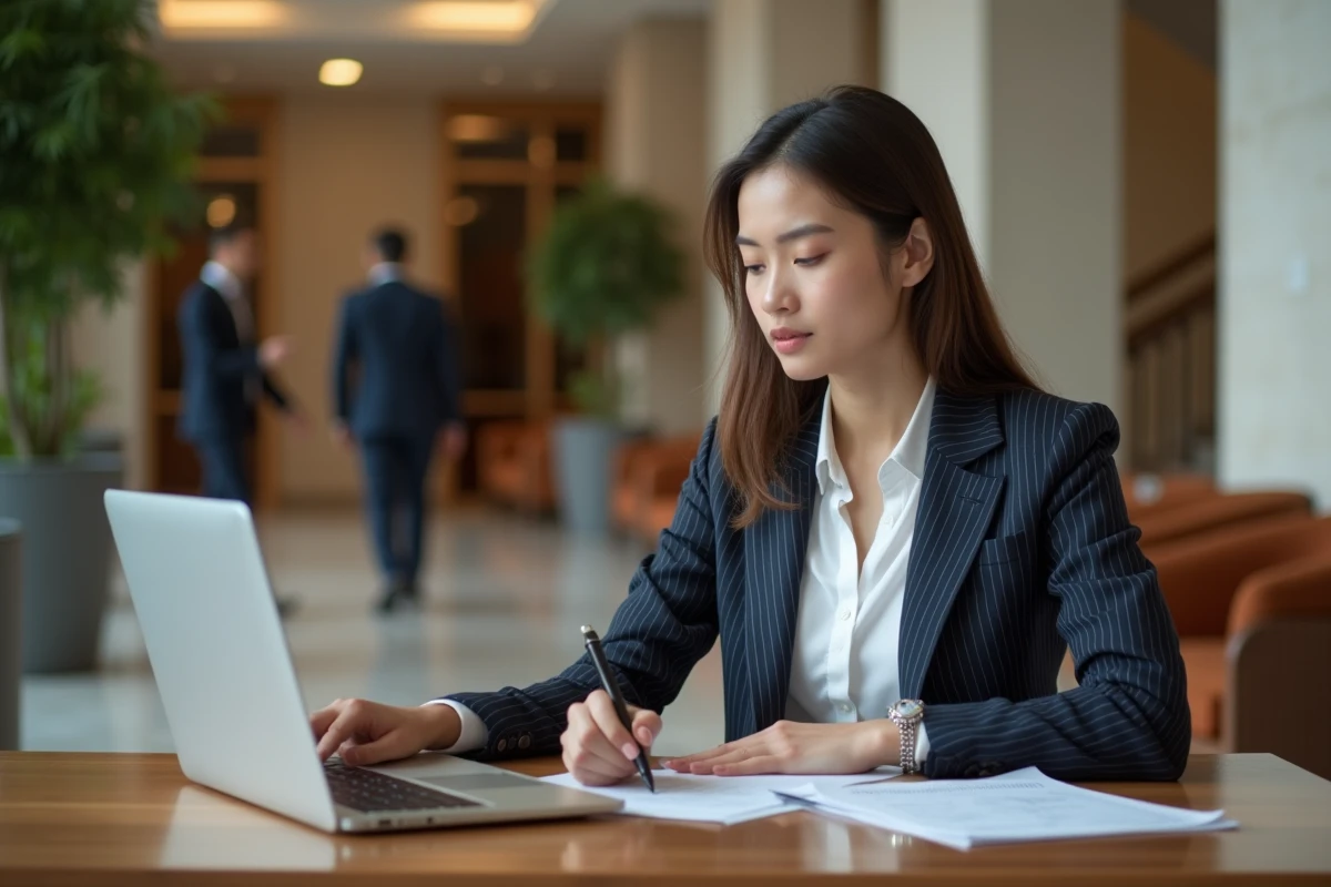 Jeune femme analysant des rapports dans un lobby élégant