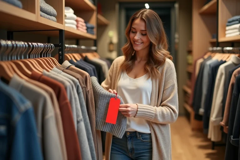 Femme souriante examine une étiquette rouge en boutique