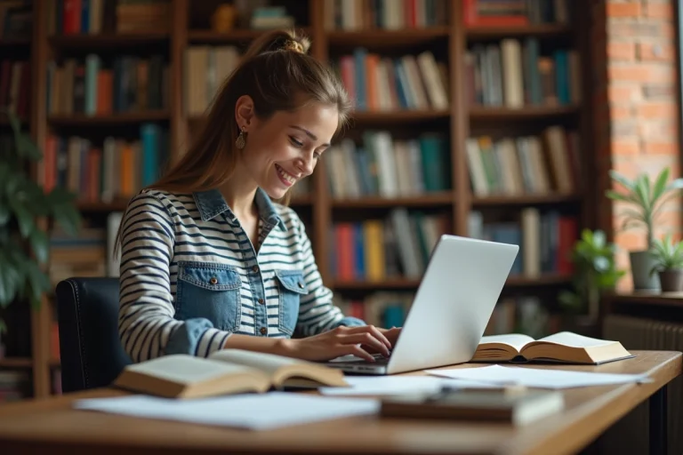 Jeune femme souriante dans un bureau cosy en train de lire