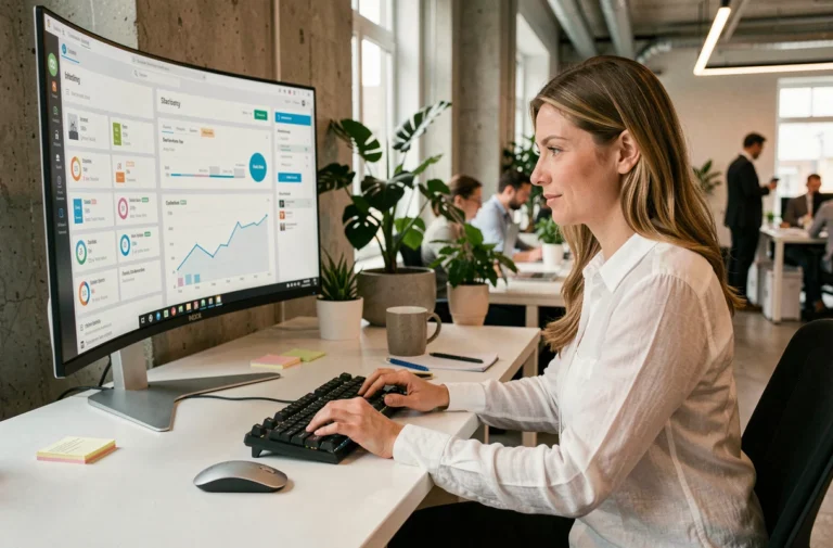 Femme professionnelle utilisant un logiciel de productivité sur un grand écran incurvé dans un bureau moderne