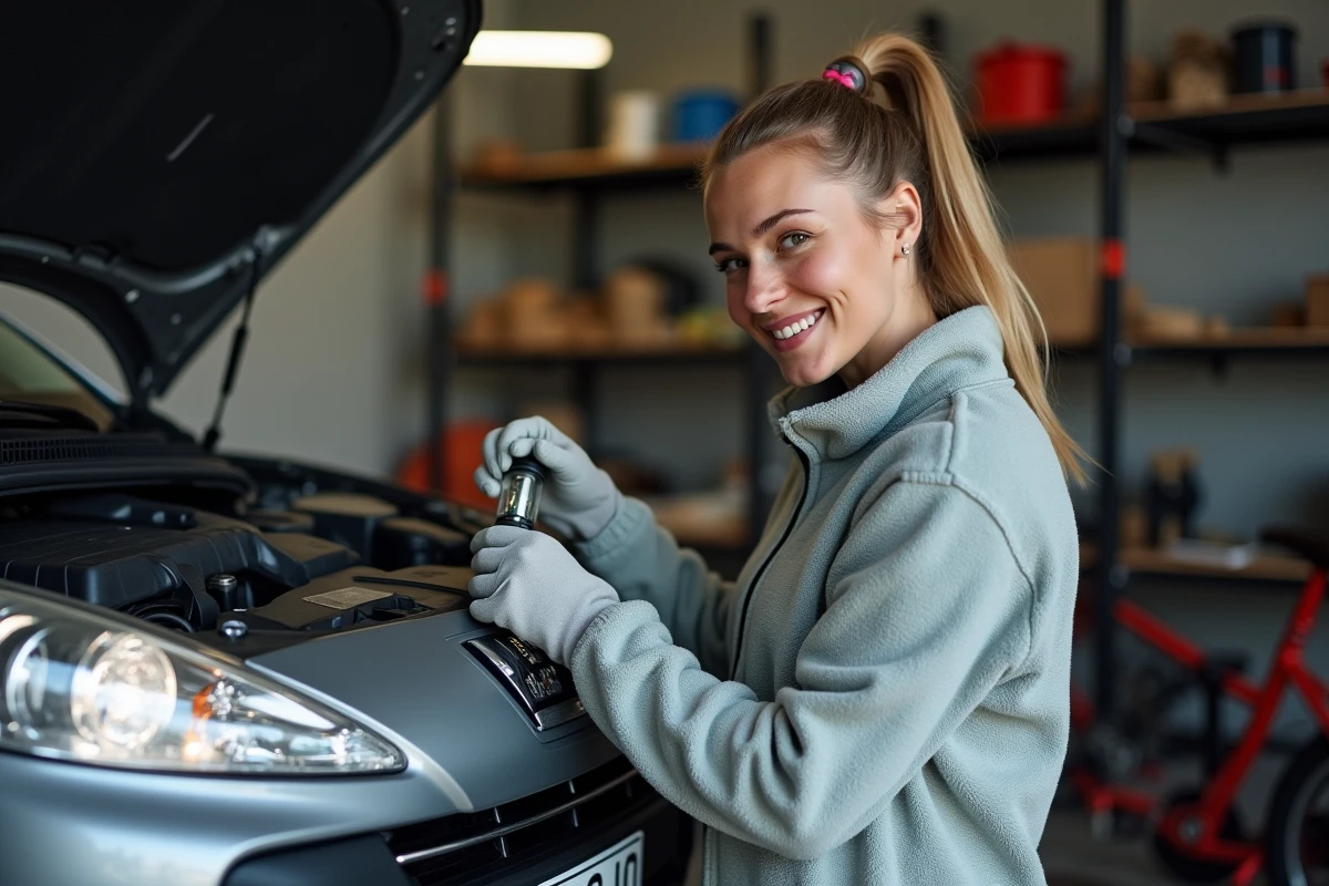 Femme changeant le feu de la Peugeot 308 dans un garage