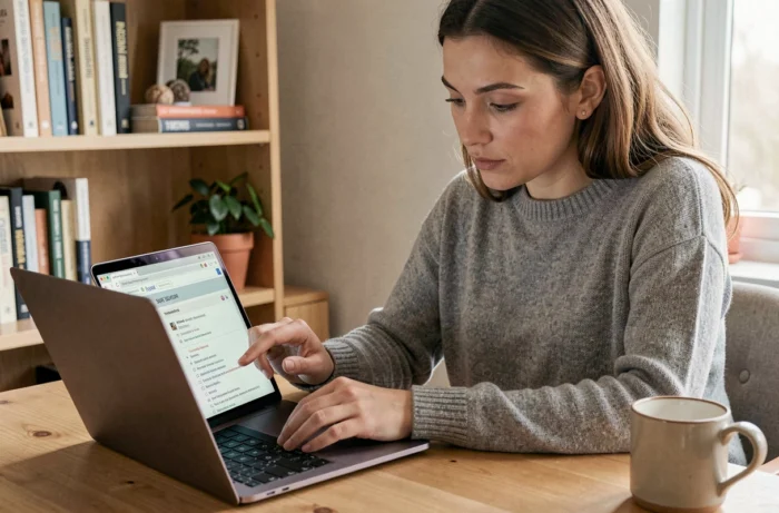 Femme consultant la page sitemap d'un blog lifestyle sur un ordinateur portable dans un bureau cosy