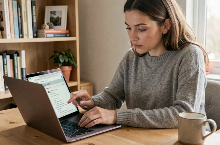 Femme consultant la page sitemap d'un blog lifestyle sur un ordinateur portable dans un bureau cosy