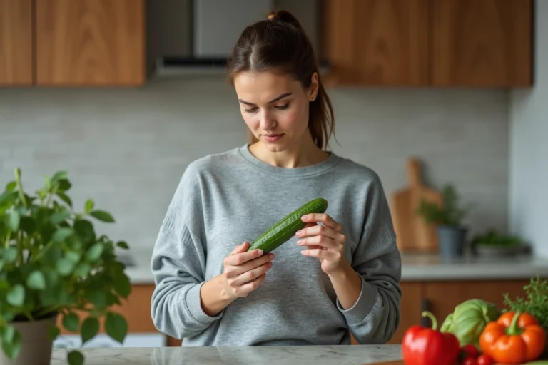 Jeune femme examine une courgette dans la cuisine moderne