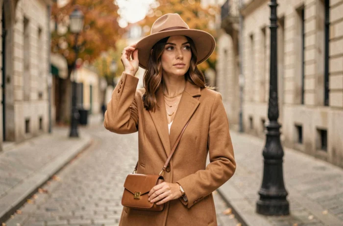 Femme élégante en manteau camel portant chapeau à larges bords et sac structuré dans une rue pavée européenne
