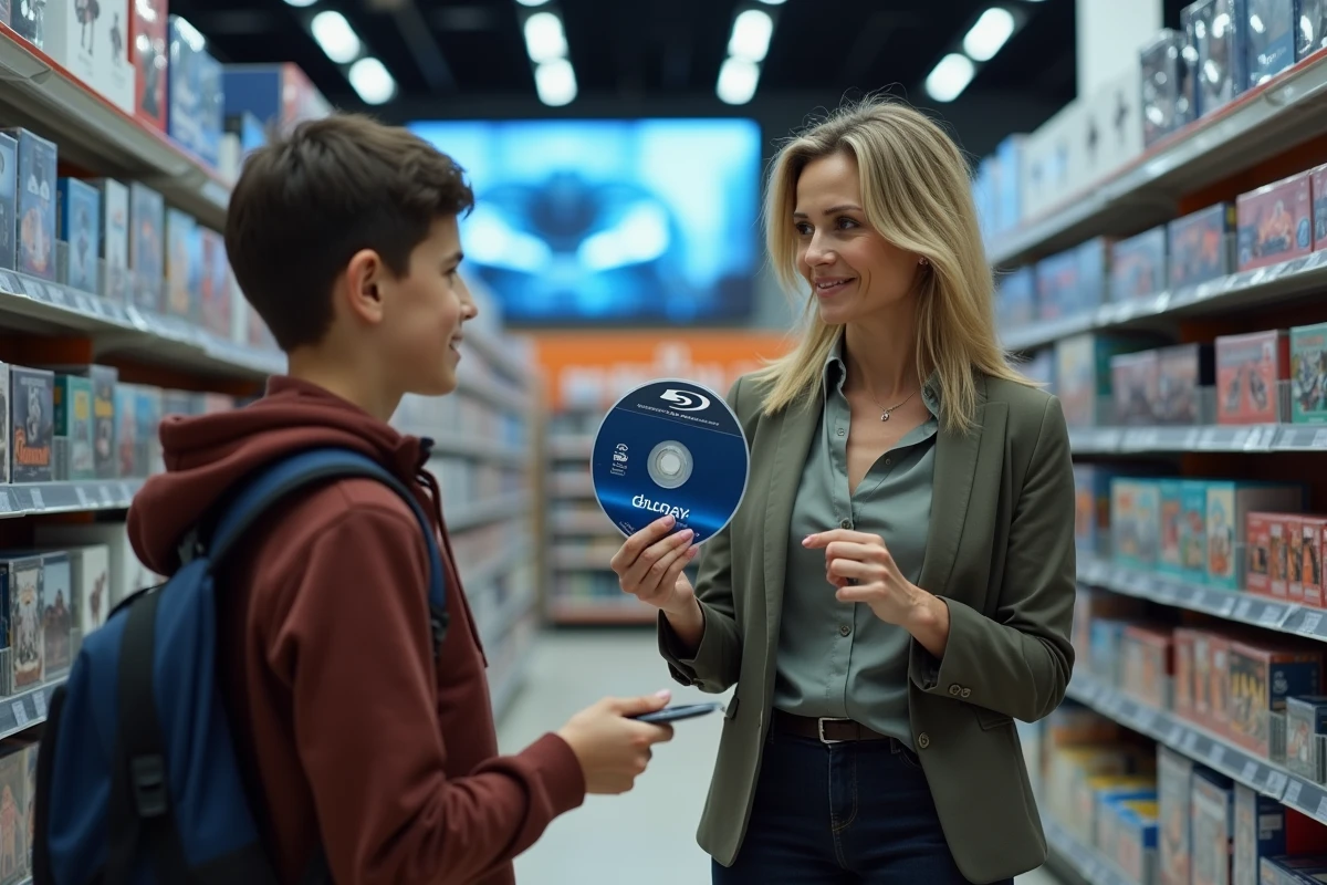 Femme expliquant un disque HDTS à un adolescent en magasin