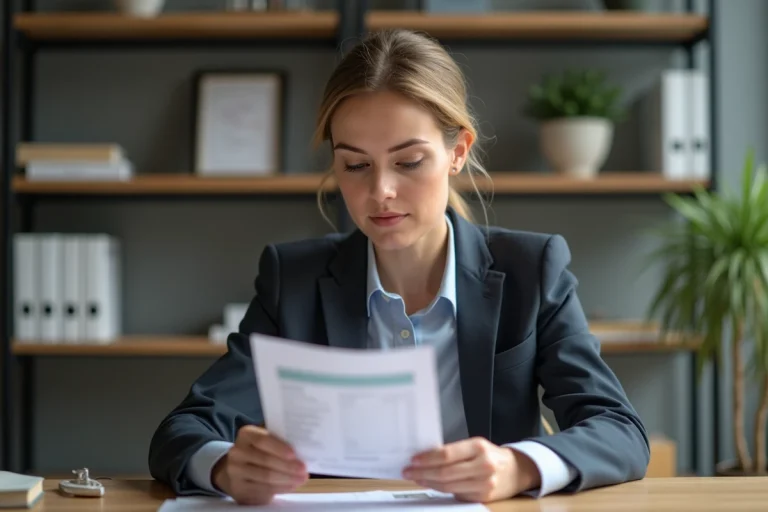Femme d affaires examinant un relevé bancaire à son bureau
