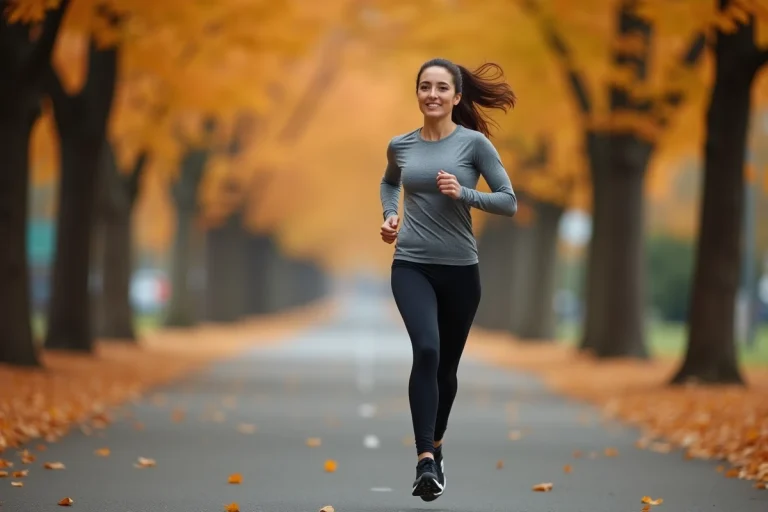 Femme en tenue de sport faisant du jogging sur un chemin bordé d'arbres en automne, illustrant les bienfaits du sport pour la santé